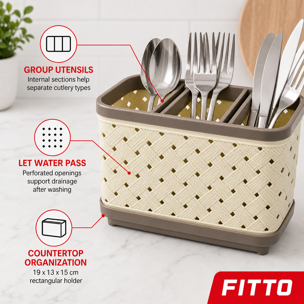 120 Pieces Rectangular Plastic Cutlery Holder with Draining Organizer, Cream and Brown, 19 x 13 x 15 cm