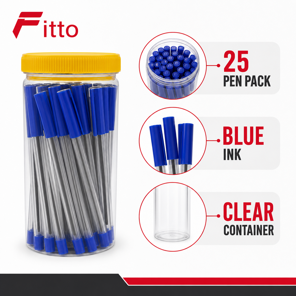 96 Pieces Ball Pens, Blue Ink, 25 Pack, Clear-Barrel Writing Pens for Office, School and Everyday Note Taking
