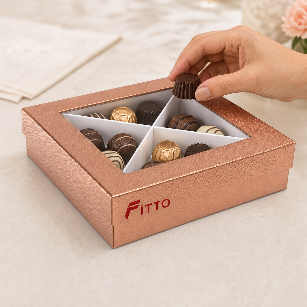 96 Pieces Chocolate Presentation Box with Clear Window and Divider Insert, Rose Gold Square, 20 × 20 × 5 cm, 1 Piece