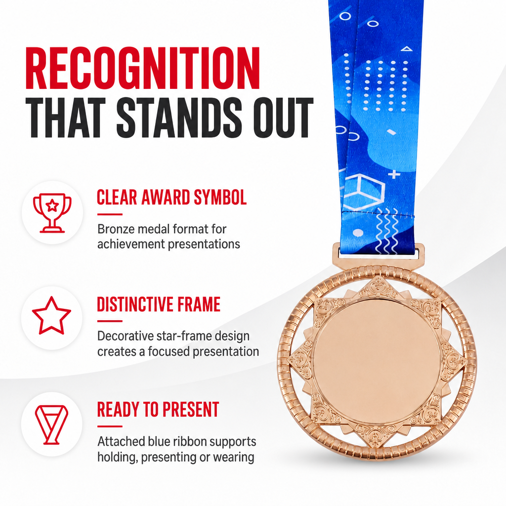 144 Pieces Star Frame Sports Medal with Blue Ribbon, Bronze, 10 x 8 cm