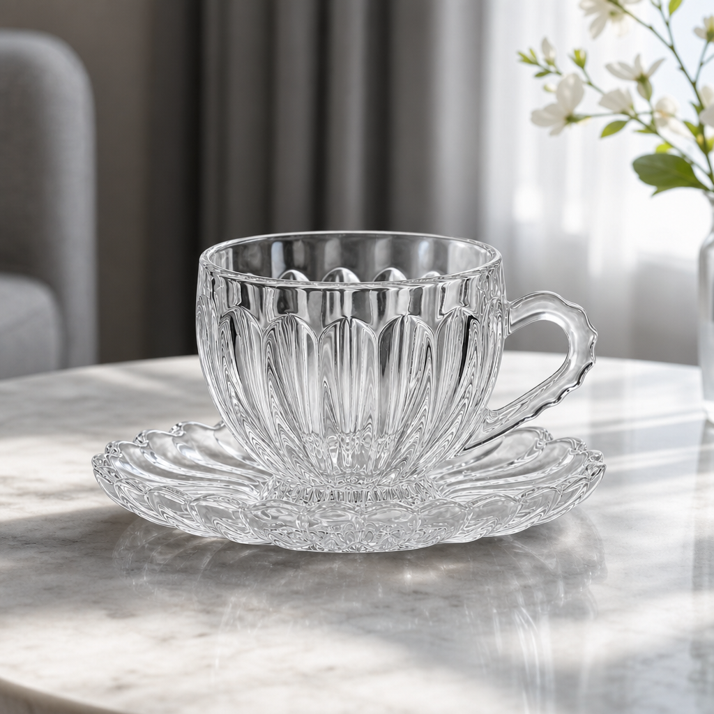60 Pieces Clear Glass Tea Cup and Saucer Set, 2 Pieces, Faceted Table Setting