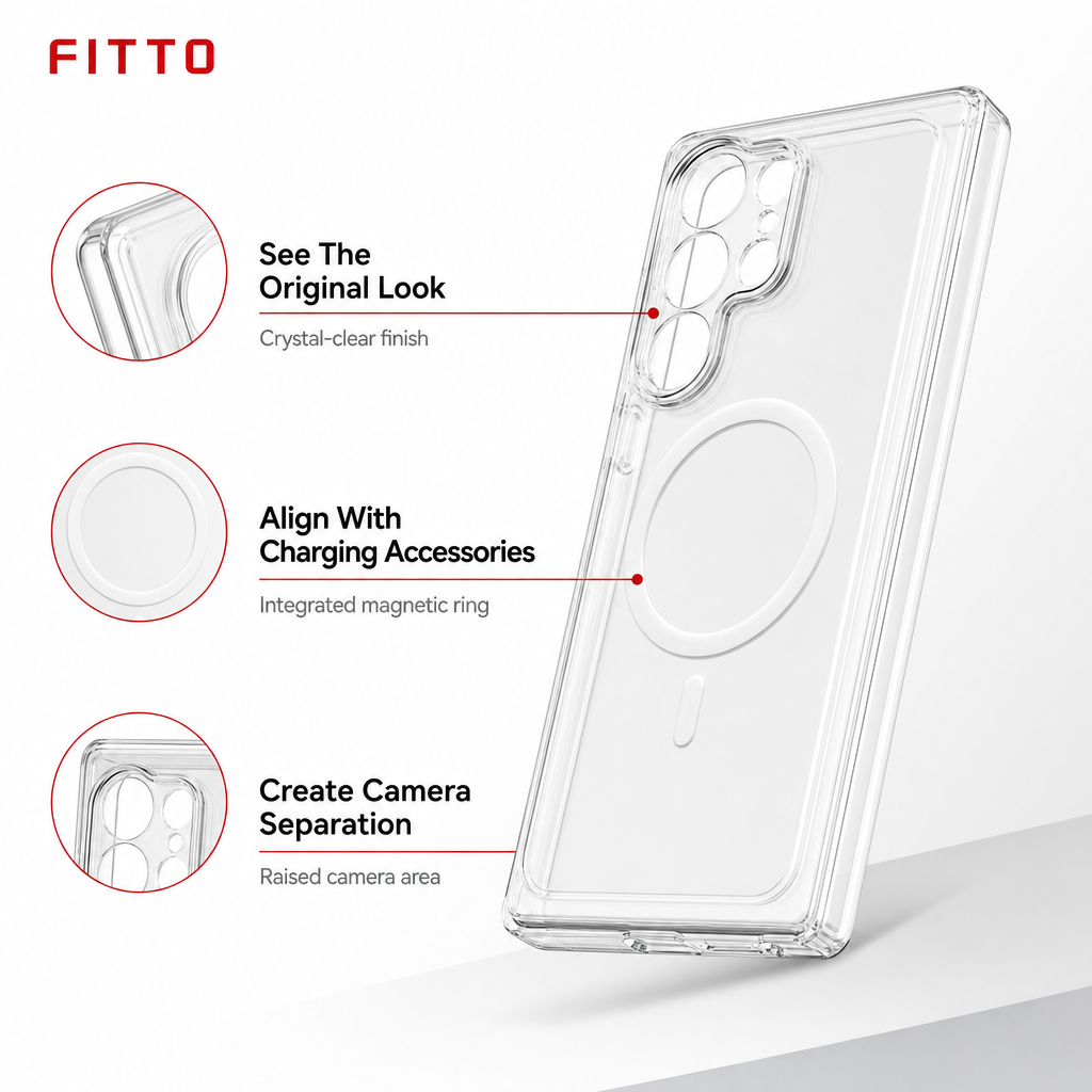 96 Pieces Crystal Clear Magnetic Phone Cases with Ring for Wireless Charging and Raised Camera Protection