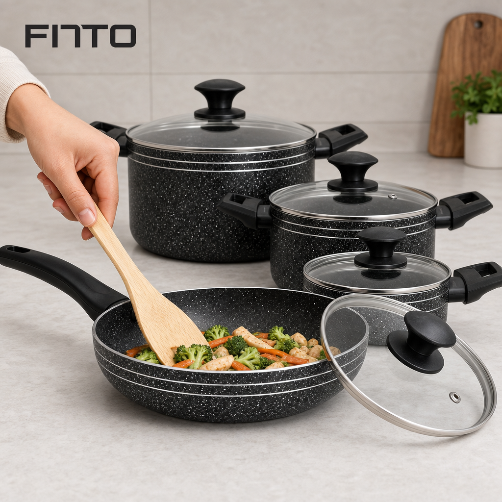 48 Pieces 9-Piece Non-Stick Cookwares Set with Glass Lids and Wooden Utensils, Black Granite