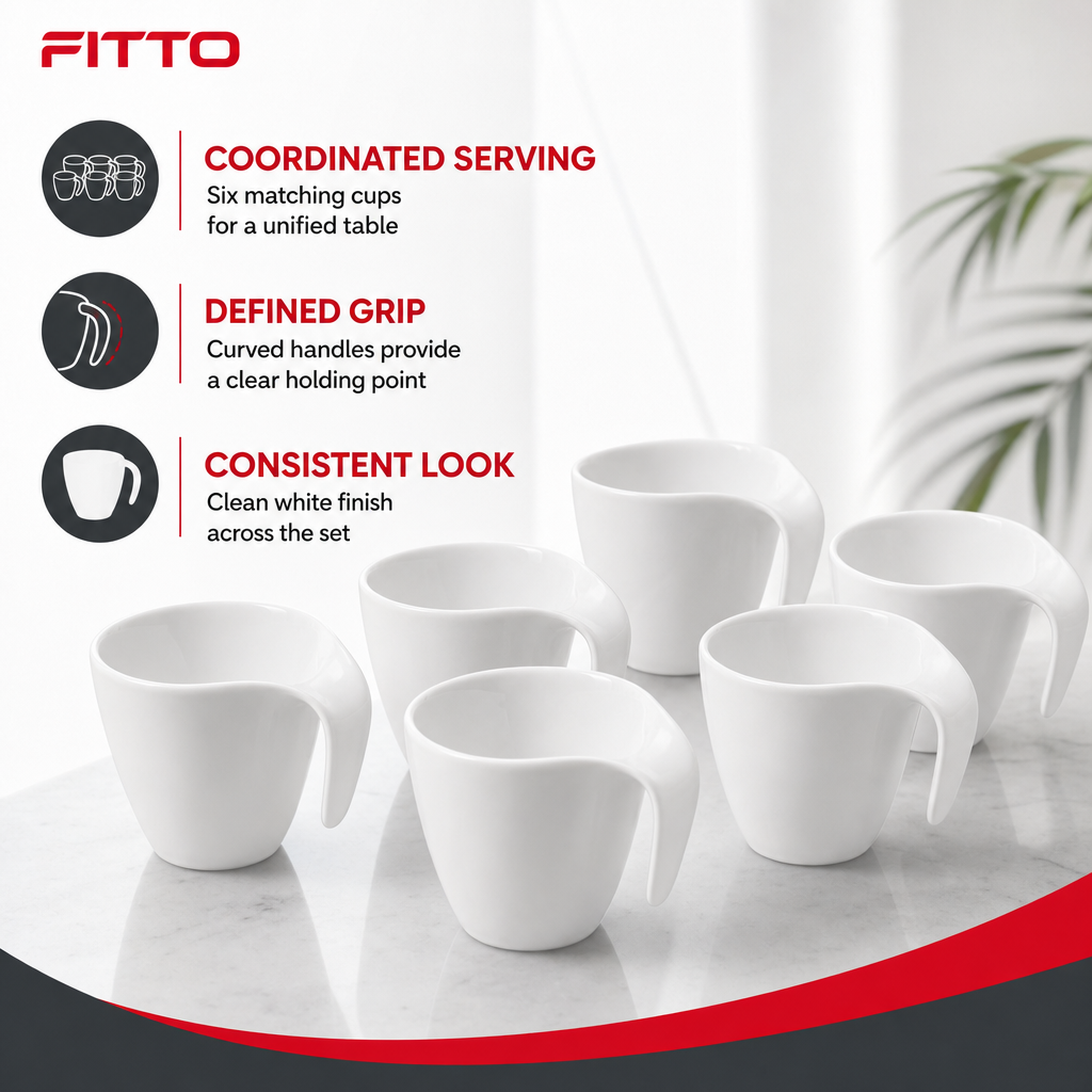 60 Pieces Ceramic Coffee Cups with Curved Handles, White, 6 Pieces