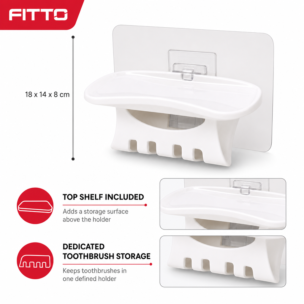 144 Pieces White Adhesive Wall-Mounted Toothbrush Holder with Storage Shelf, 1 Piece