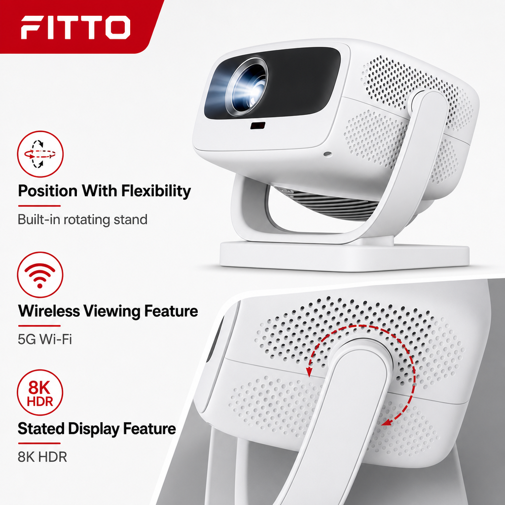 48 Pieces Portable Projectors with Built-In Rotating Stand, 8K HDR, 5G Wi-Fi, White