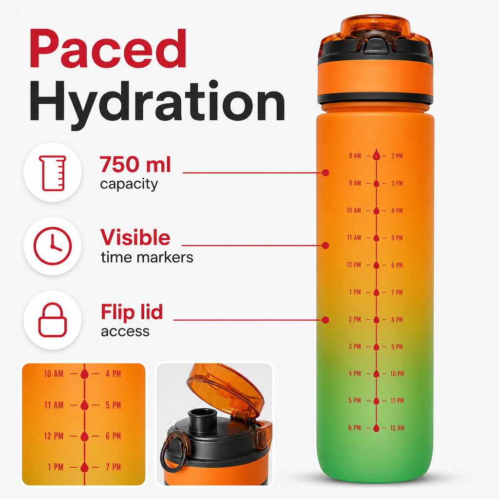 96 Pieces Sports Water Bottles with Time Marker and Flip Lid, Orange Green Gradient, 750 ml, 1 Piece