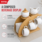 48 Pieces Ceramic Tea and Coffee Set with Wooden Stand, White and Natural Wood, 15 Pieces