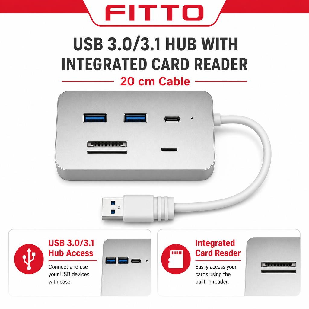 96 Pieces USB 3.0/3.1 Hub with Card Reader and 20 cm Cable for Computer Accessories