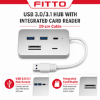 96 Pieces USB 3.0/3.1 Hub with Card Reader and 20 cm Cable for Computer Accessories