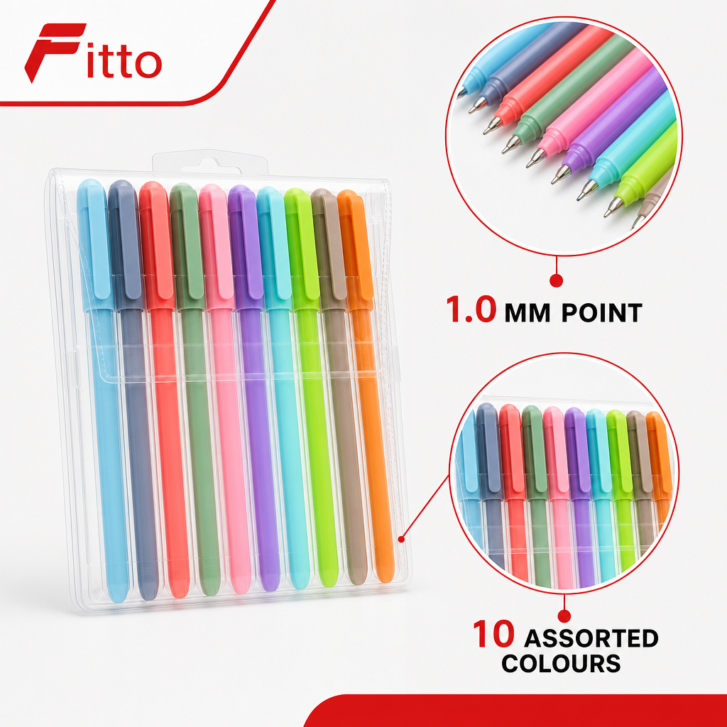 120 Pieces Ball Pens, 1.0 mm Medium Point, Assorted Colours, Pack of 10