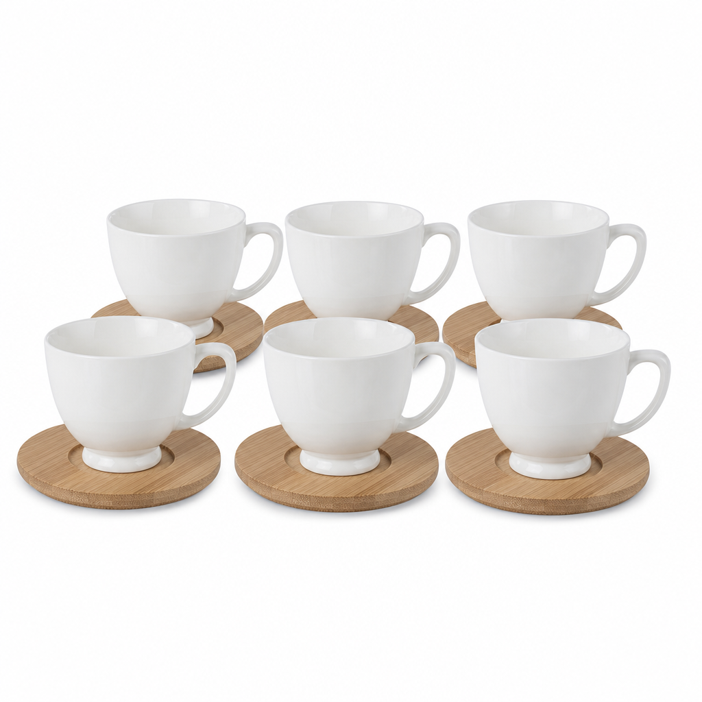60 Pieces Ceramic Coffee Cups with Bamboo Saucers, White and Natural Wood, 6-Piece Set