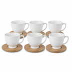 60 Pieces Ceramic Coffee Cups with Bamboo Saucers, White and Natural Wood, 6-Piece Set