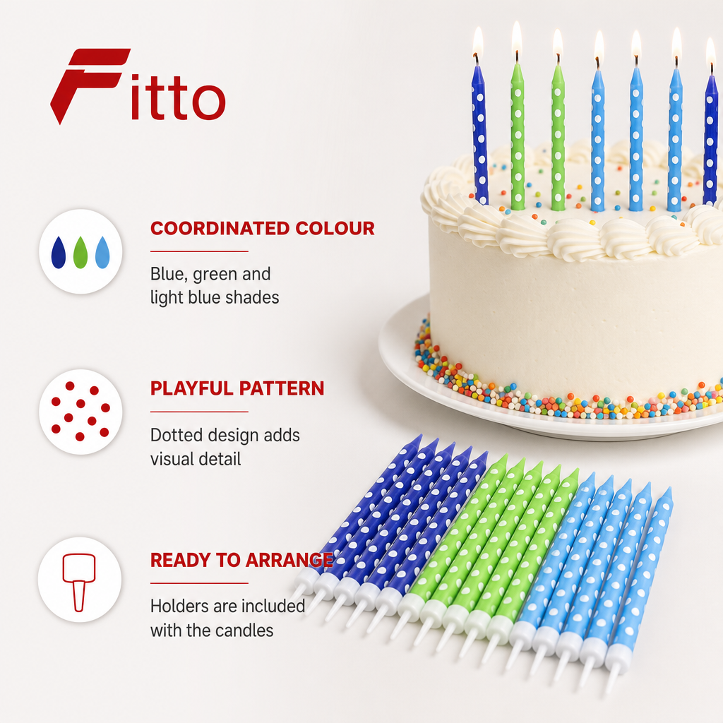 120 Pieces Dotted Birthday Candles with Holders, 24 Pieces, Blue, Green and Light Blue