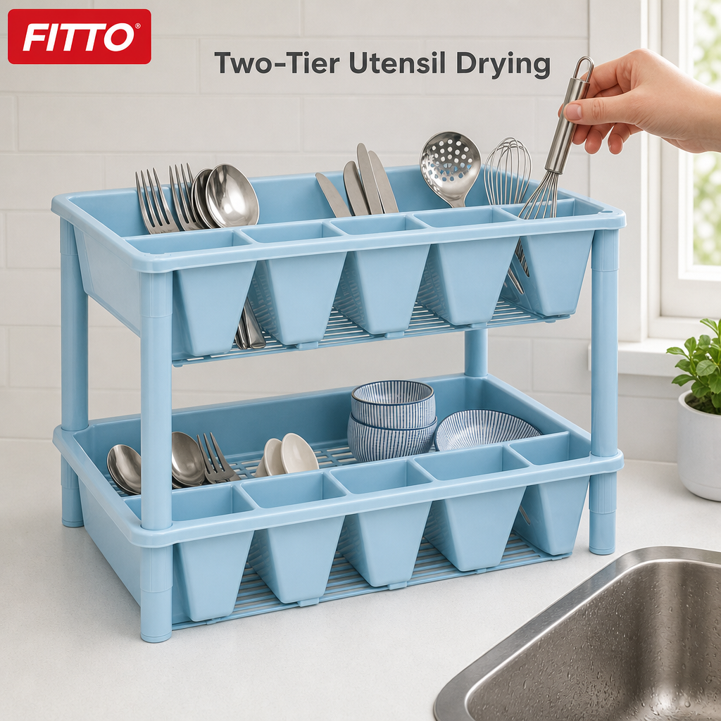 72 Pieces Utensil Drying Rack, Light Blue Two-Tier Plastic Dish Drainer with Removable Compartments, 45 x 32 x 18 cm