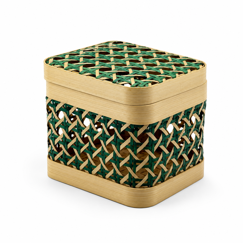 96 Pieces Woven Storage Box with Lid, Natural and Green, 12.5 x 15 x 13 cm