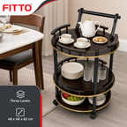 48 Pieces Three-Tier Round Serving Trolley with Metal Frame, Brown, 48 x 48 x 82 cm