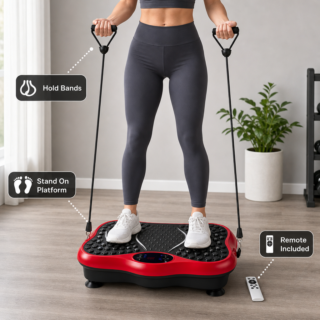 48 Pieces Vibration Exercise Platforms, Small Red Shaking Machine with Plastic Housing, Resistance Bands and Remote, 60 x 36 x 16 cm