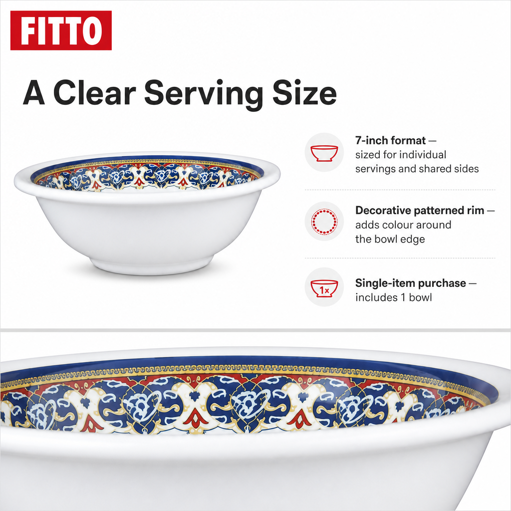 96 Pieces Melamine Salad Bowl, 7 Inch, Decorative Patterned Rim, White