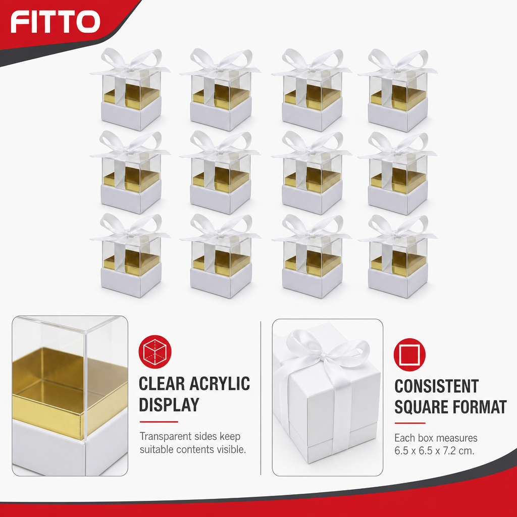 60 Pieces Acrylic Presentation Boxes with Ribbon, Square Clear Display Containers, White, 6.5 x 6.5 x 7.2 cm, 12 Pieces