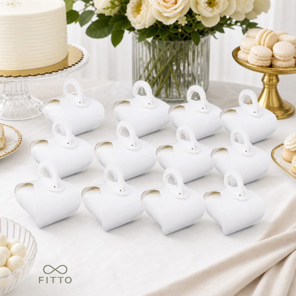 96 Pieces Candy Favor Boxes with Handles, White, 9.5 x 9.5 x 10 cm, 12 Pieces