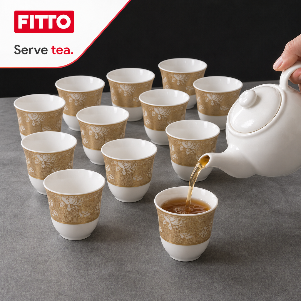 96 Pieces Ceramic Tea Cup Set, White and Gold Floral Design, 12 Pieces