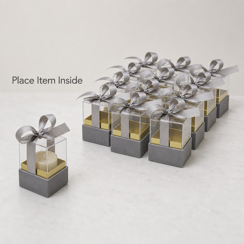 60 Pieces Silver Square Acrylic Boxes with Ribbon, 6.5 x 6.5 x 7.2 cm, 12 Pieces