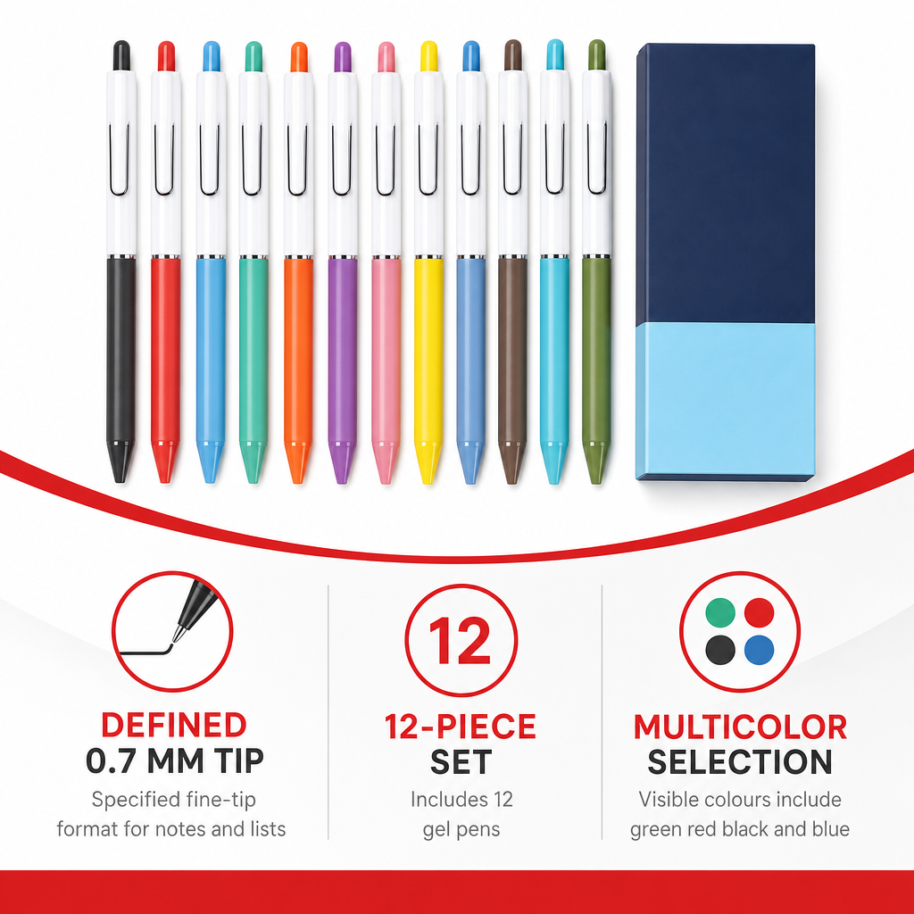 72 Pieces Gel Pens, 0.7 mm Fine Tip, 12 Pieces, Multicolor Ink Pens for Notes, Lists and Office Stationery