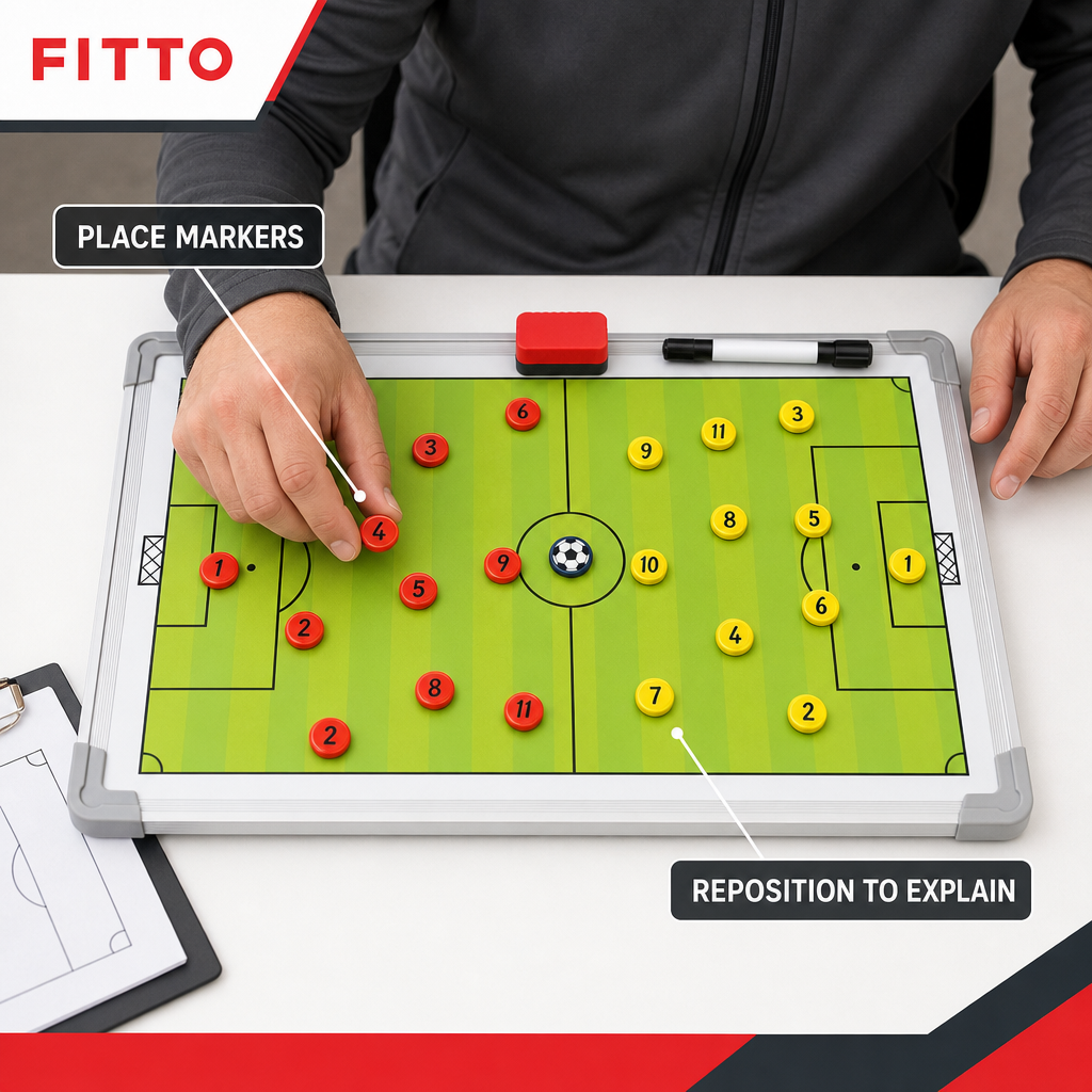 72 Pieces Magnetic Football Coaching Tactics Board with Marker Pieces, Rectangular Green Field Planner, 35 x 25 cm
