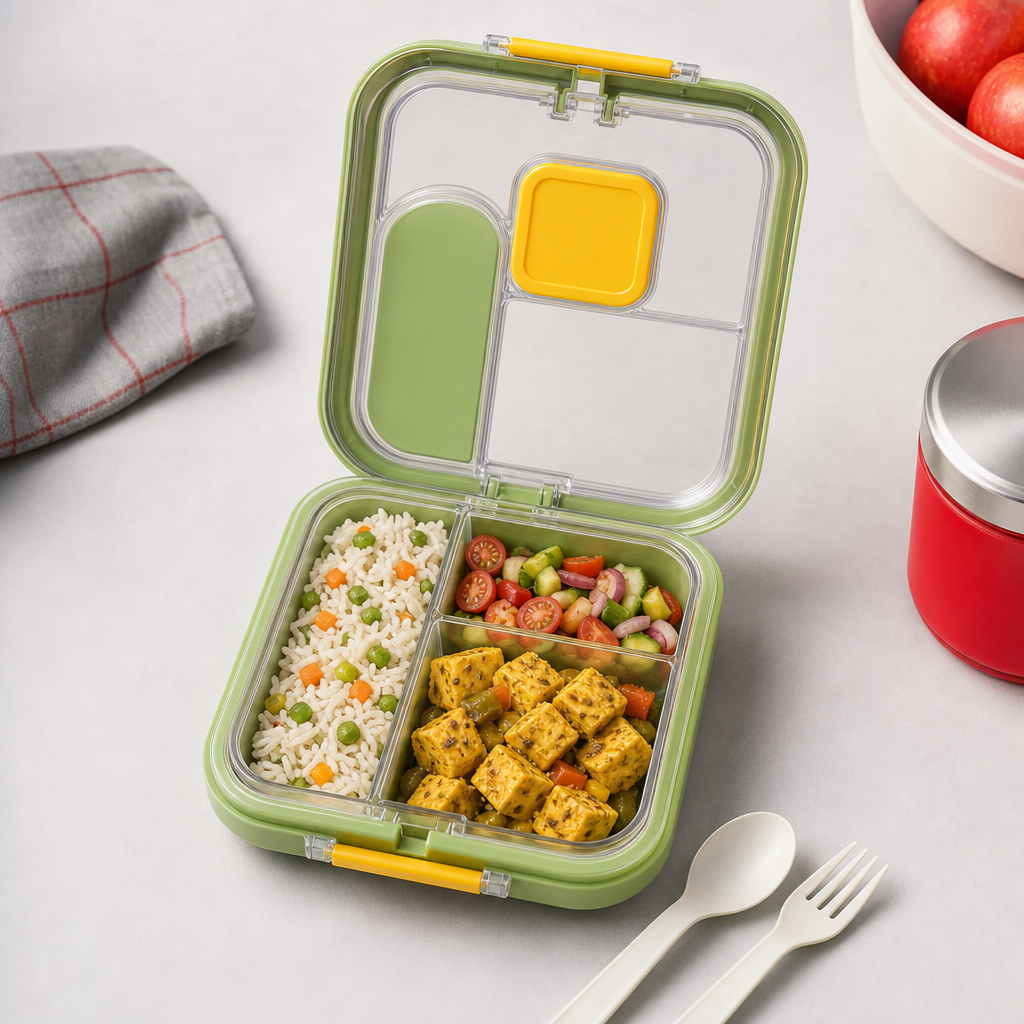 96 Pieces Green Rectangular Compartment Lunch Box with Secure Lid and Cutlery, 1 Piece