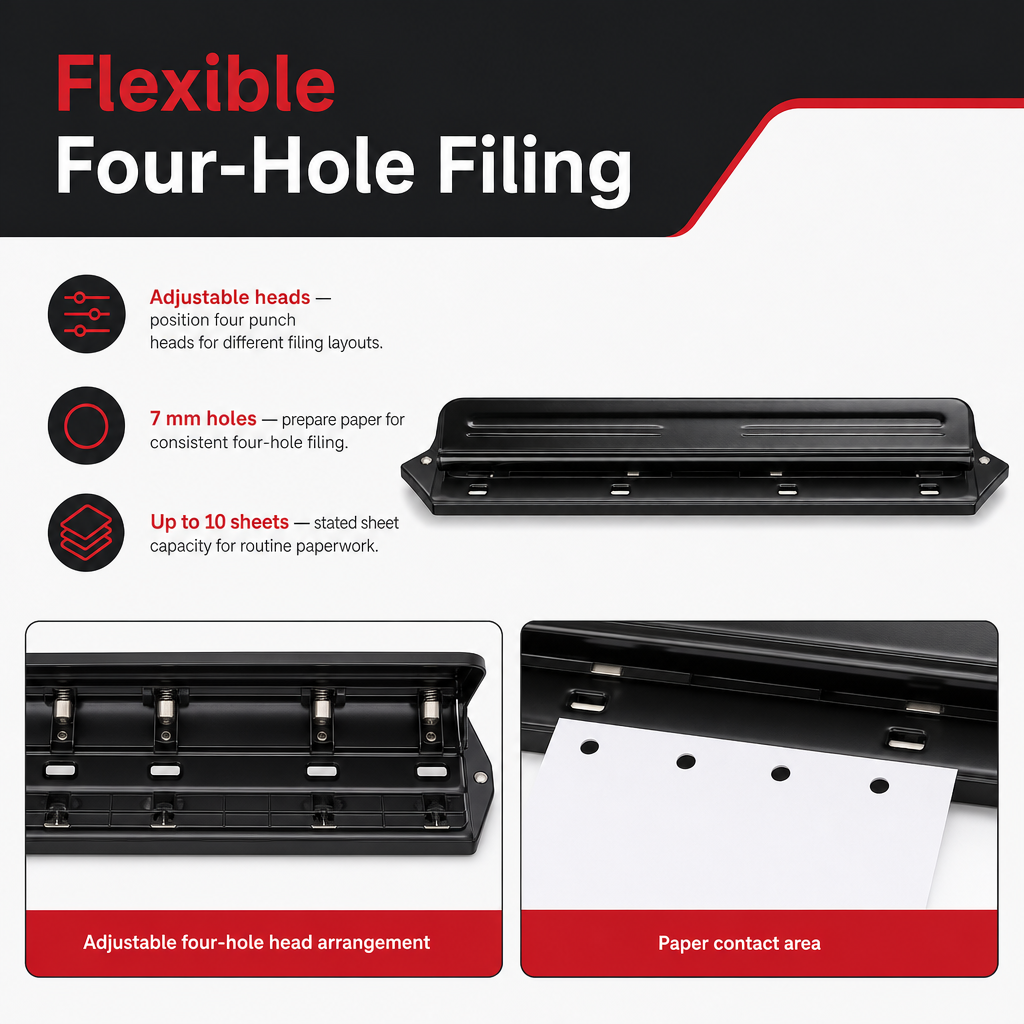 72 Pieces Adjustable Paper Punches, 7 mm Four-Hole Design, 10-Sheet Capacity, Black, 1 Piece
