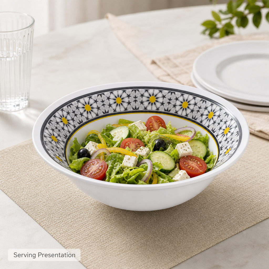 96 Pieces Melamine Salad Bowl, 10 Inch, Round Tablewares, White with Grey Pattern and Yellow Accents
