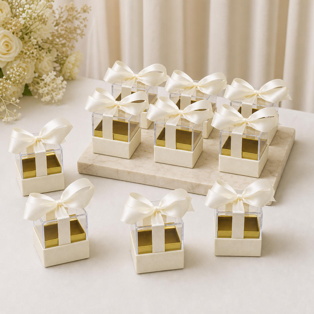 60 Pieces Acrylic Favor Boxes, Cream Square Boxes with Ribbon, 6.5 × 6.5 × 7.2 cm, 12 Pieces
