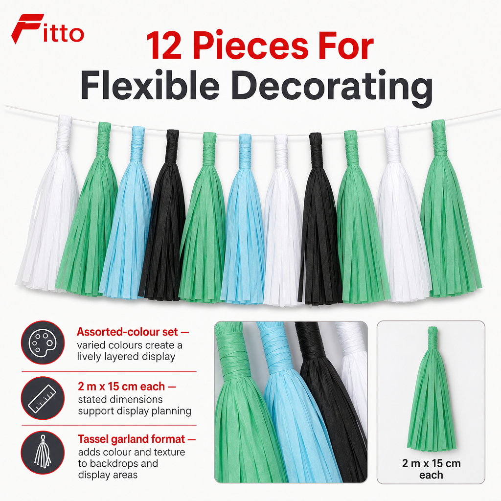 240 Pieces Tassel Garland, 2 m x 15 cm, Assorted Colours, 12 Pieces for Party Backdrops and Celebration Decor
