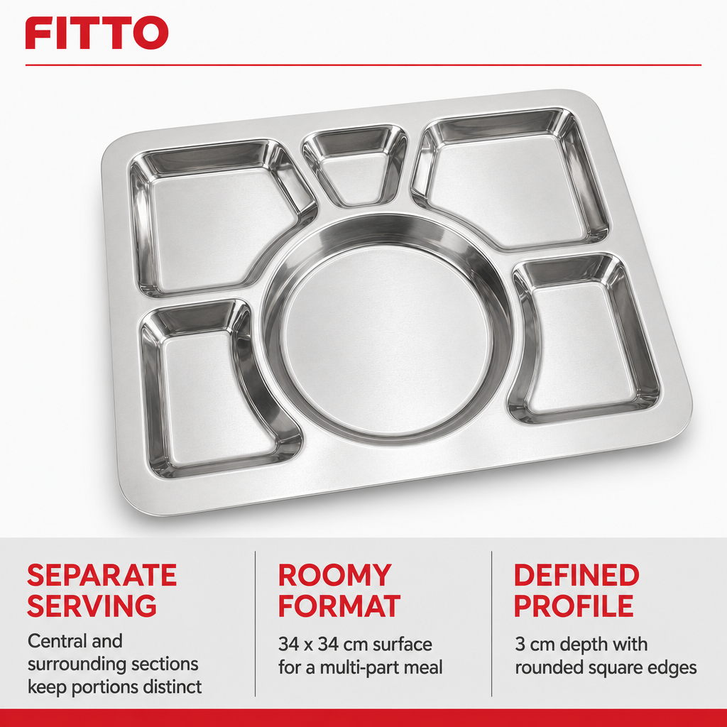 96 Pieces Stainless Steel Compartment Thali Dinner Plate, Silver, 34 x 34 x 3 cm, 1 Piece