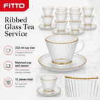 60 Pieces Ribbed Clear Glass Tea Cup and Saucer Set with Gold Rims, 220 ml, 12 Pieces