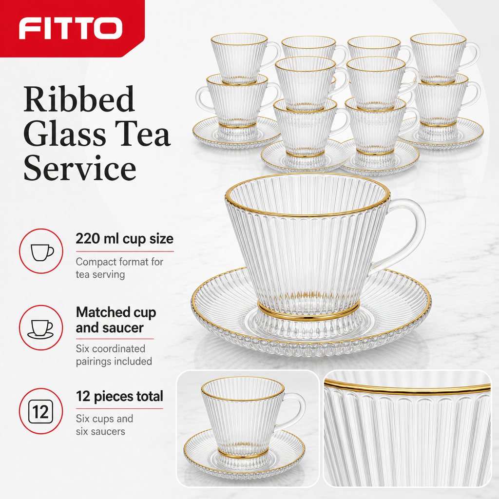 60 Pieces Ribbed Clear Glass Tea Cup and Saucer Set with Gold Rims, 220 ml, 12 Pieces