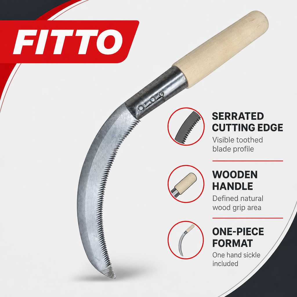 144 Pieces Serrated Hand Sickle with Wooden Handle, 30 cm, Silver and Natural Wood, 1 Piece