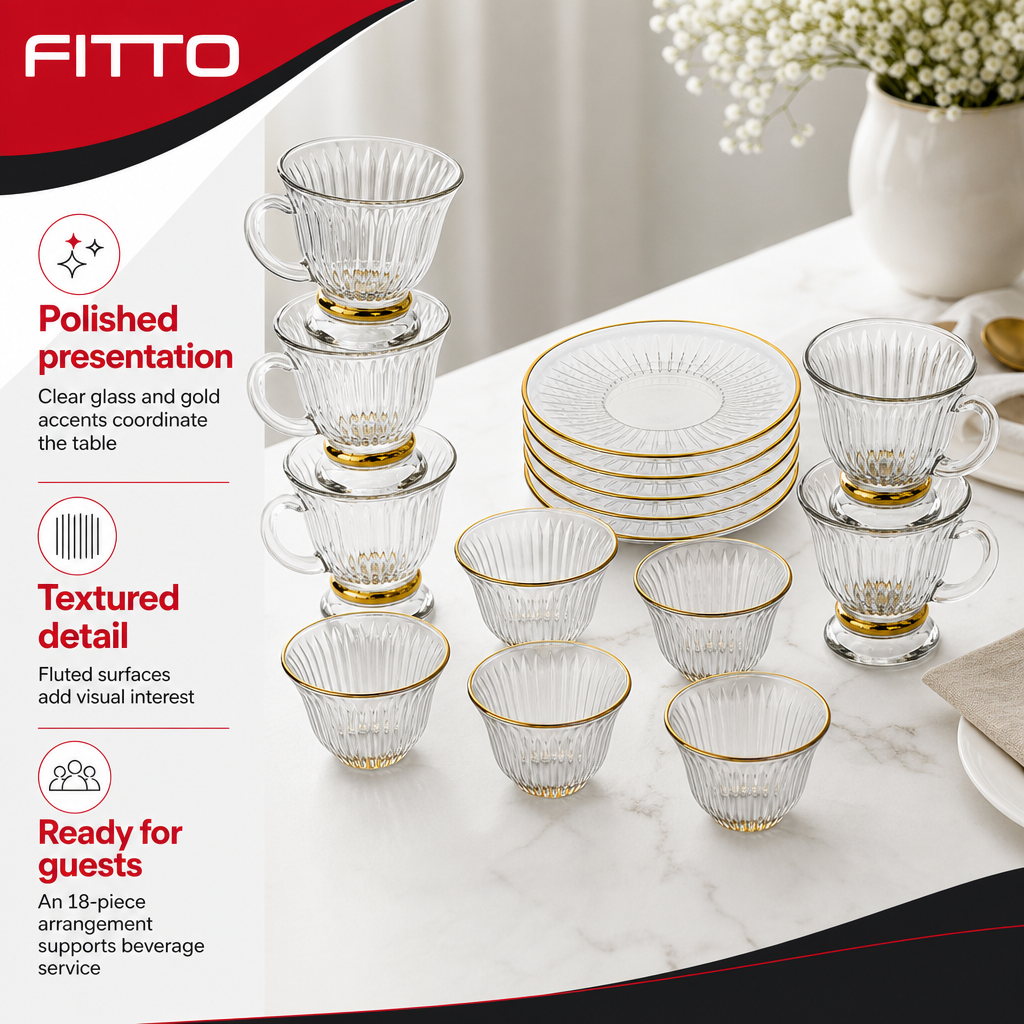 48 Pieces Clear Fluted Glass Tea and Coffee Set with Gold Accents, 18 Pieces
