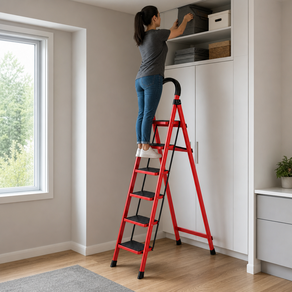 48 Pieces Folding Step Ladders, 6-Step Red Metal Ladder, Foldable Household Access Ladder, 1 Piece