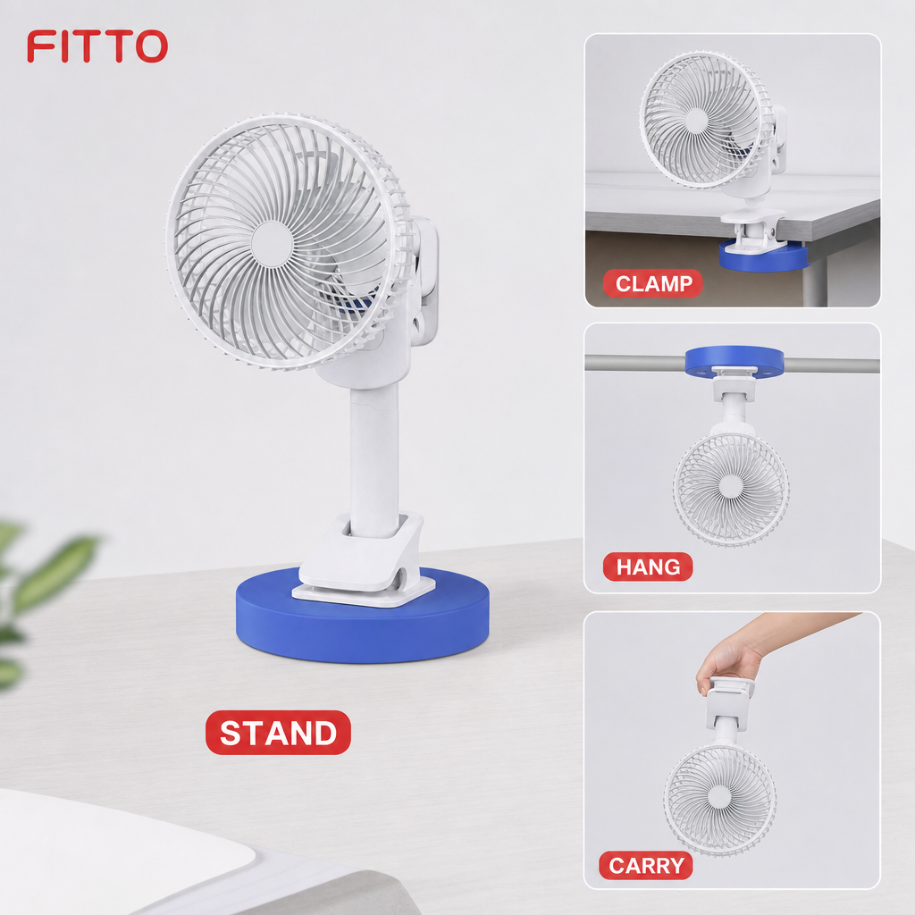 96 Pieces Desktop Fan Blue And White 1 Piece With Stand, Clamp, Hang Or Carry Options