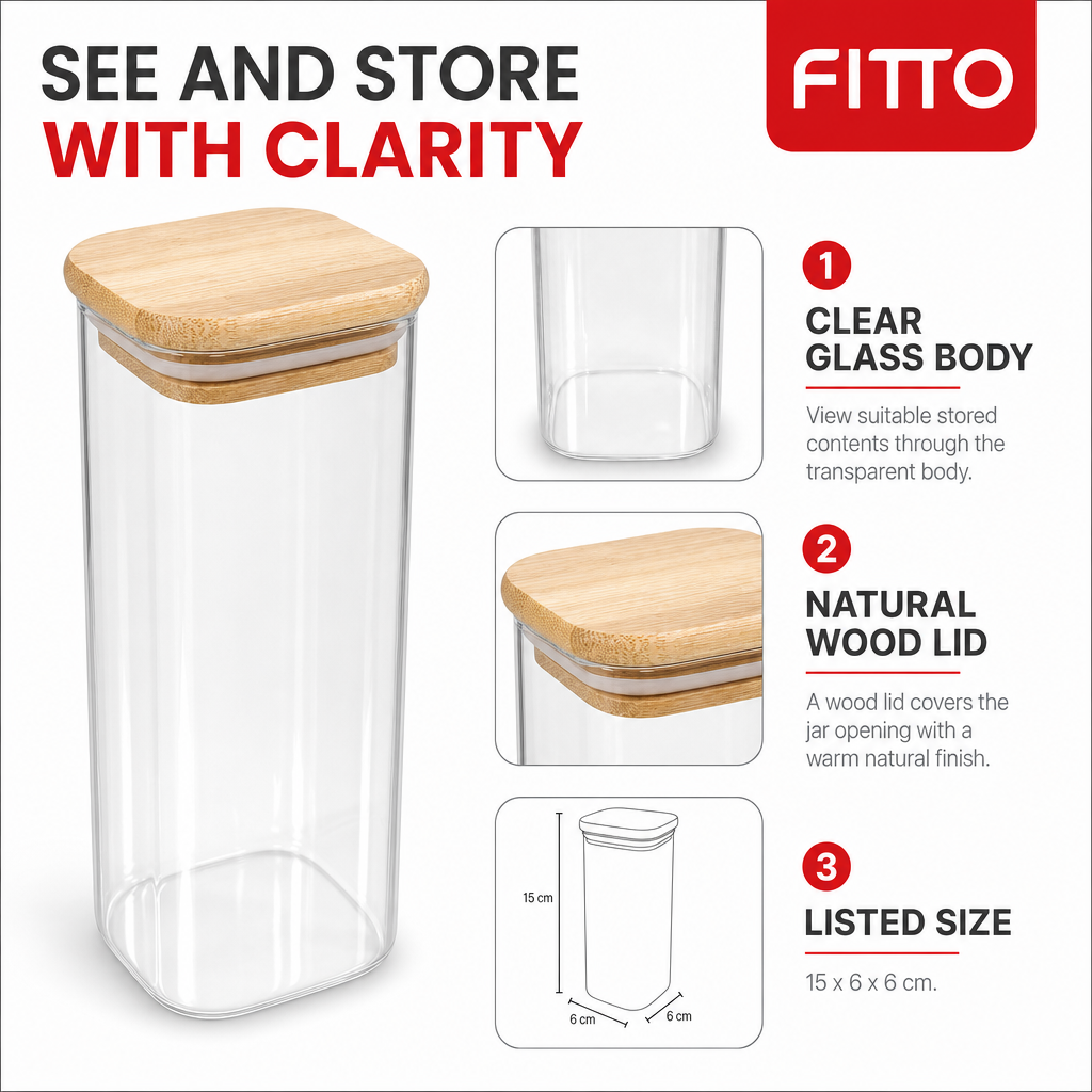 144 Pieces Glass Storage Jar with Wooden Lid, Clear Body and Natural Wood Finish, 15 x 6 x 6 cm, 1 Piece