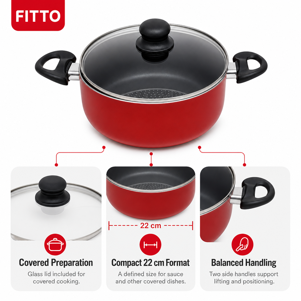 48 Pieces Saucepot 22 cm Red Aluminium Non-Stick Pot with Glass Lid and Side Handles, 1 Piece