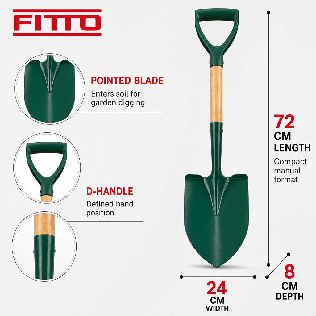 96 Pieces D-Handle Pointed Garden Shovel, 72 cm, Green with Natural Wood Handle, 1 Piece