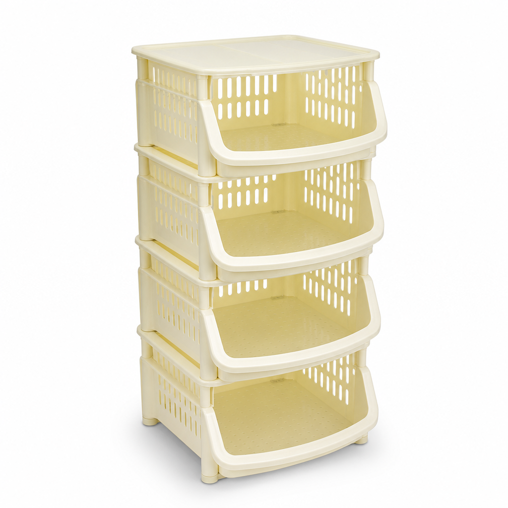 48 Pieces Storage Rack, Four-Tier Stackable Plastic Shelf with Open-Front Baskets, Cream, 55 x 43 x 25 cm