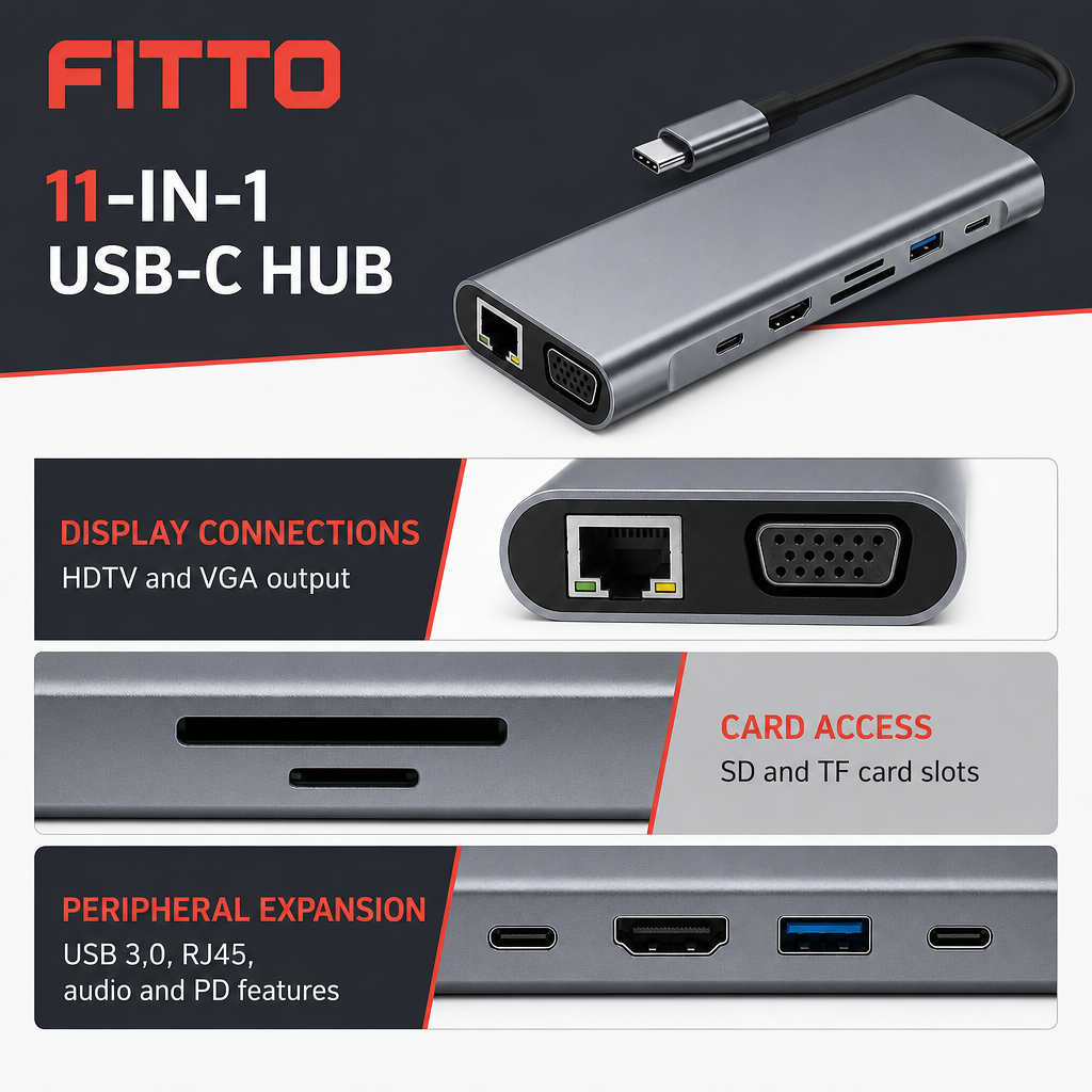 60 Pieces USB-C to HDTV 11-in-1 Hub with RJ45, SD/TF, USB 3.0, PD and 4K UHD