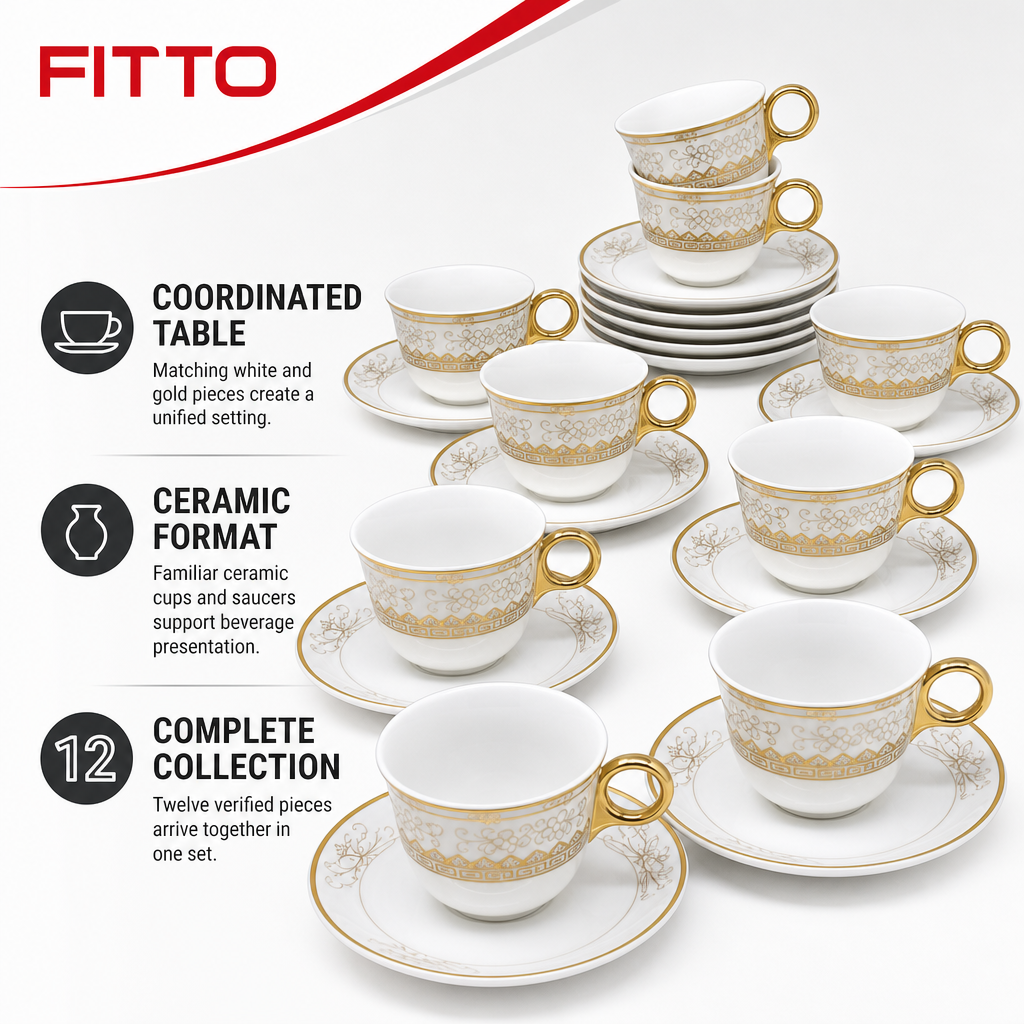96 Pieces Ceramic Cup and Saucer Set, White and Gold Tableware, 12 Pieces for Coffee and Tea Serving