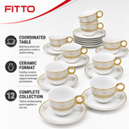 96 Pieces Ceramic Cup and Saucer Set, White and Gold Tableware, 12 Pieces for Coffee and Tea Serving