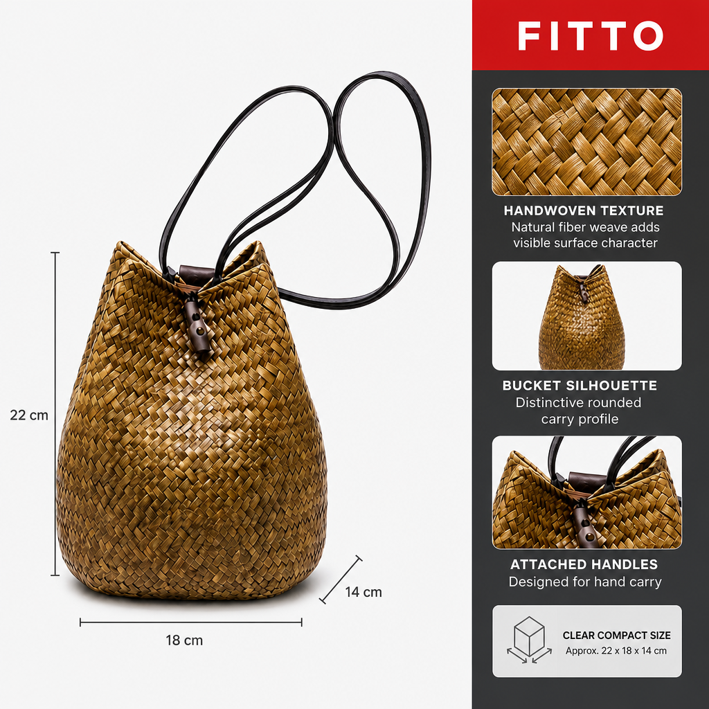 72 Pieces Handwoven Natural Fiber Bucket Handbags, Natural Brown, 22 x 18 x 14 cm