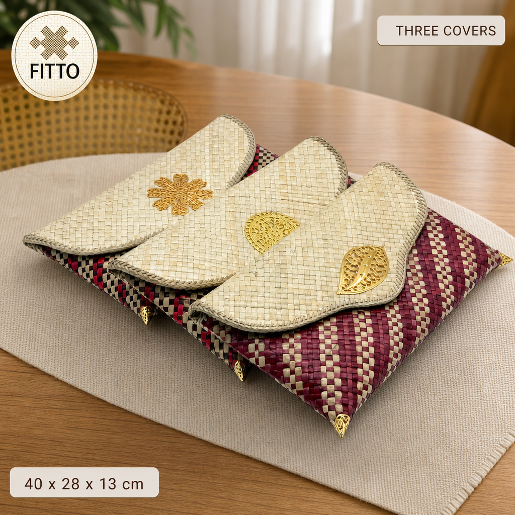 72 Pieces Woven Palm Leaf Serving Trays with 3 Food Covers, Natural Beige and Burgundy Pattern, 40 x 28 x 13 cm